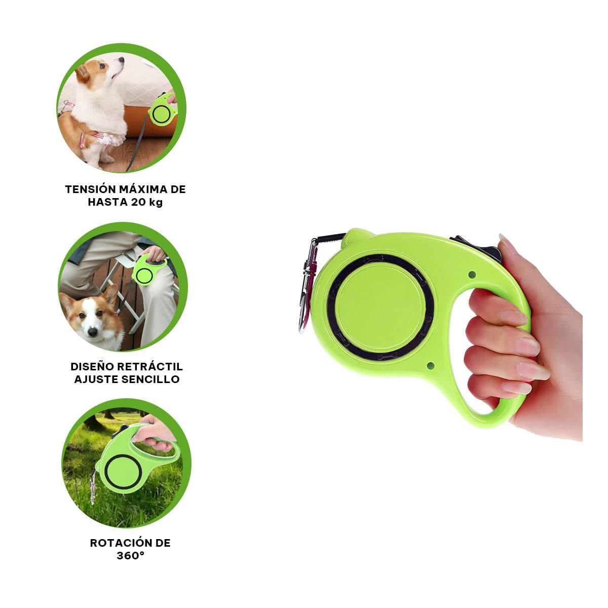 GUIA RETRACTIL VERDE LIMON CON CIRCULO NEGRO PARA MASCOTA YSTICKY - 5