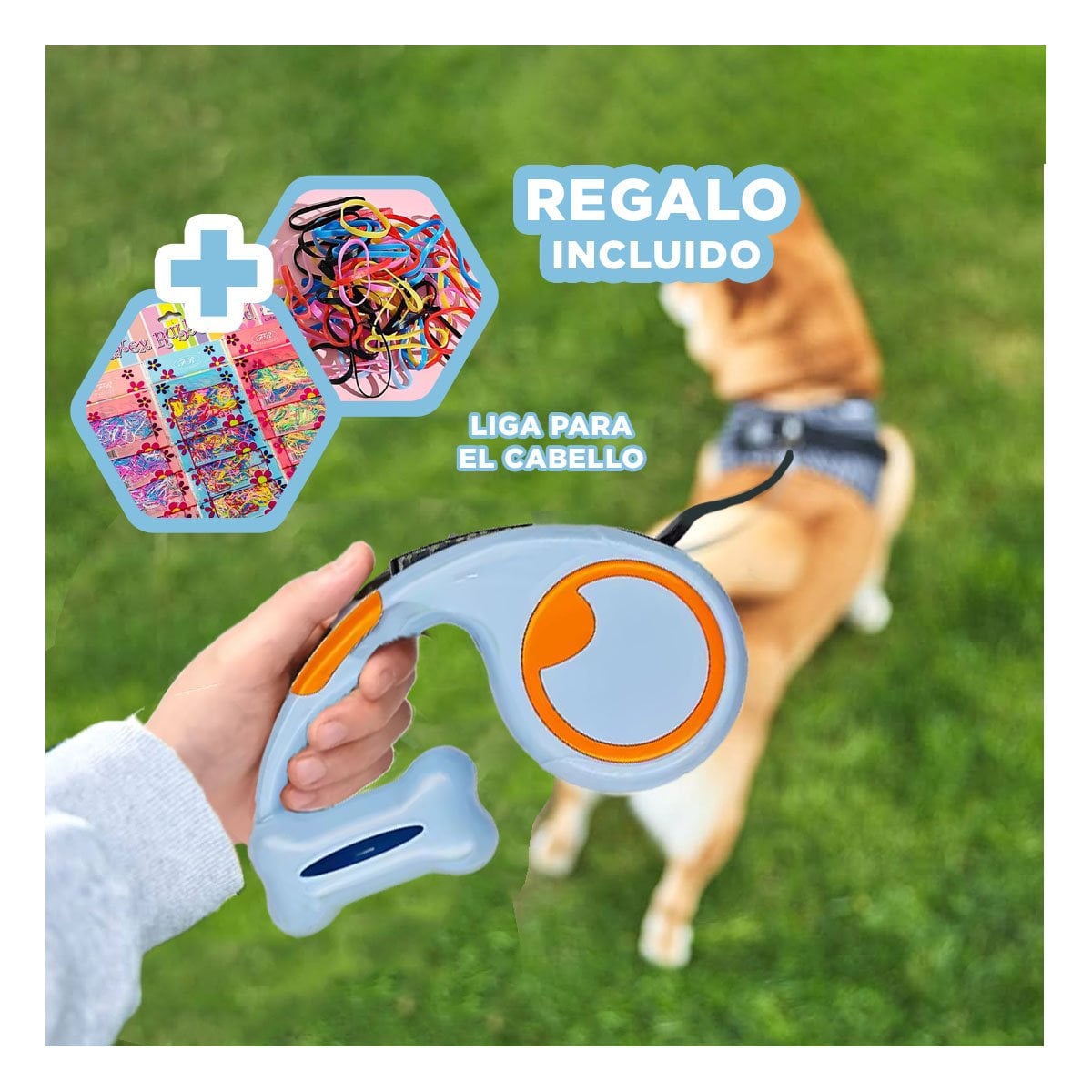 SUJETADOR RETRACTIL CELESTE CON PORTA BOLSA PRACTICO PARA PASEO YLIGAS REGALO - 2