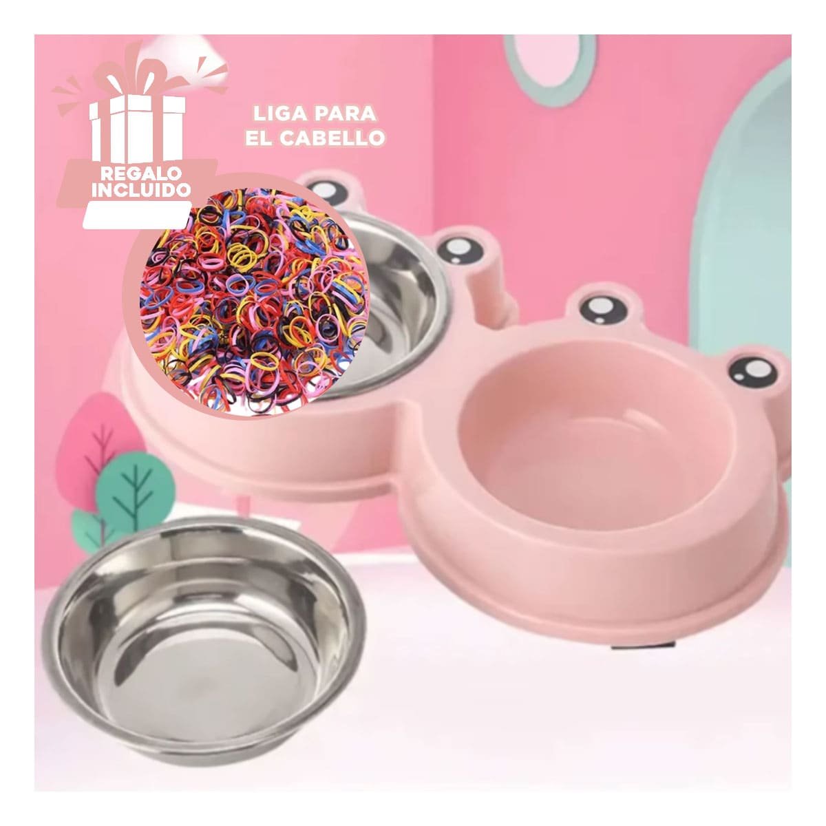 CONTENEDOR DOBLE DESMONTABLE RANA ROSADO PASTEL PARA MASCOTA EN HOGAR YLIGAS REGALO - 2