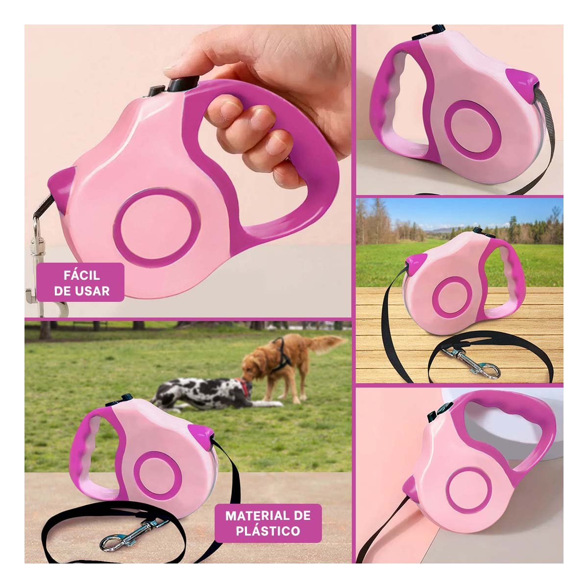 CUERDA RETRACTIL PARA MASCOTA ROSADO DOBLE TONO FIRME Y PRACTICA YPAPEL REGALO - 3