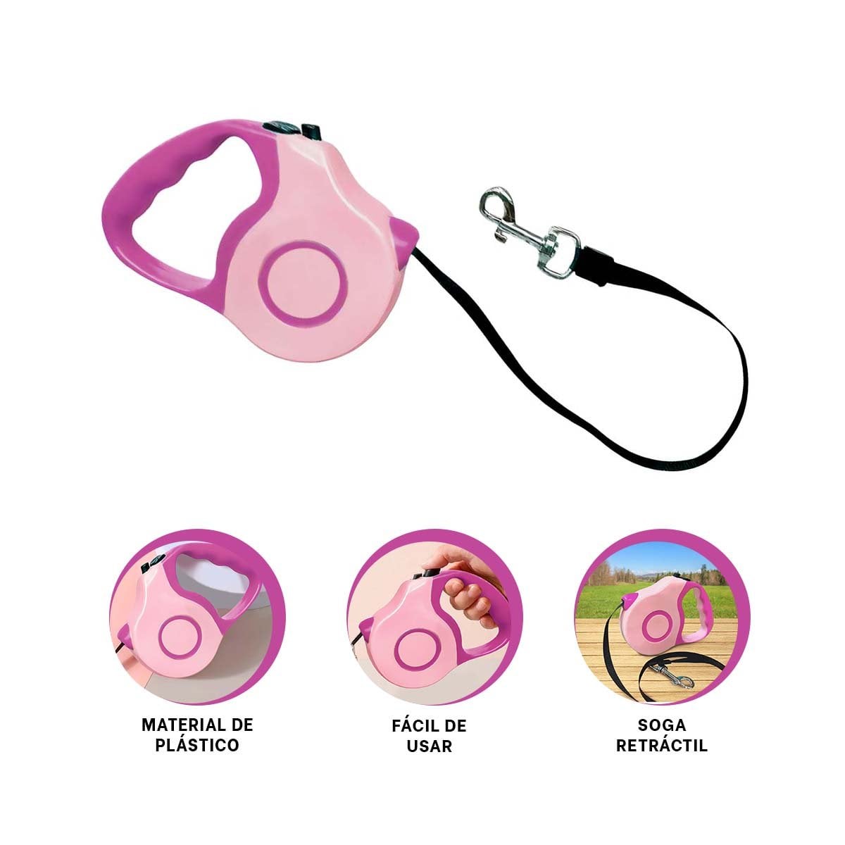 CUERDA RETRACTIL PARA MASCOTA ROSADO DOBLE TONO FIRME Y PRACTICA YPAPEL REGALO - 5