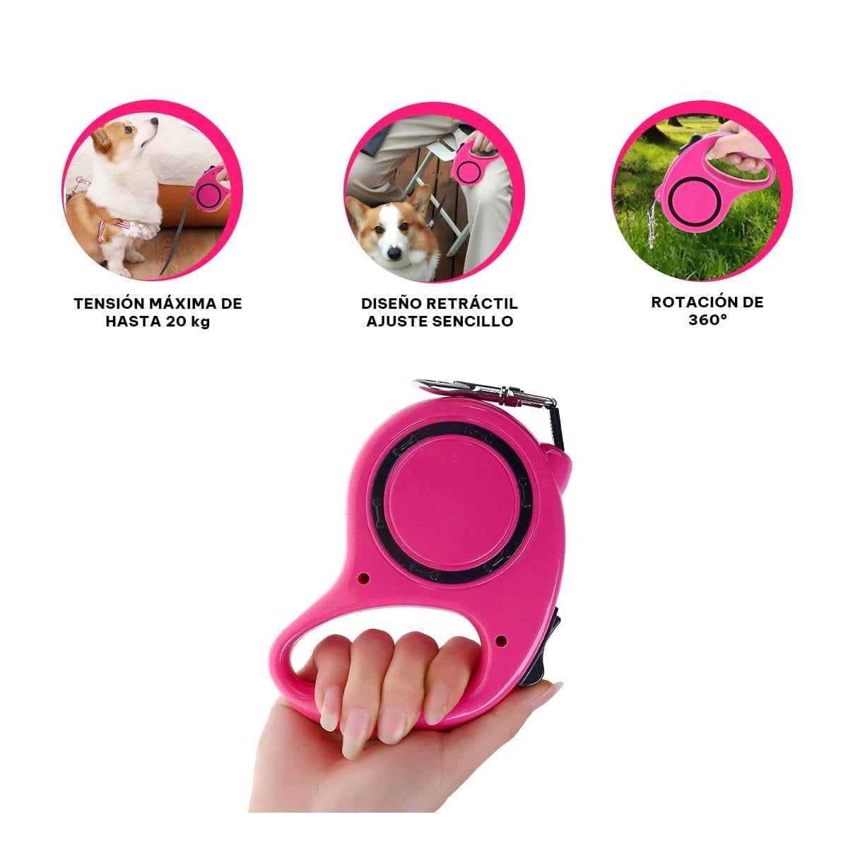 CORDON RETRACTIL AJUSTABLE PARA PASEOS Y ENTRENAMIENTO DE PERROS Y GATOS FUCSIA YPAPEL REGALO - 5
