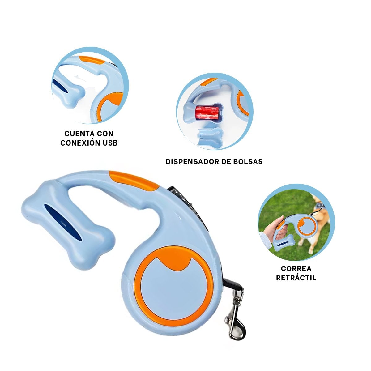 LAZO RETRACTIL CELESTE CON PORTA BOLSA PARA MASCOTAS ACTIVAS YPAPEL REGALO - 5