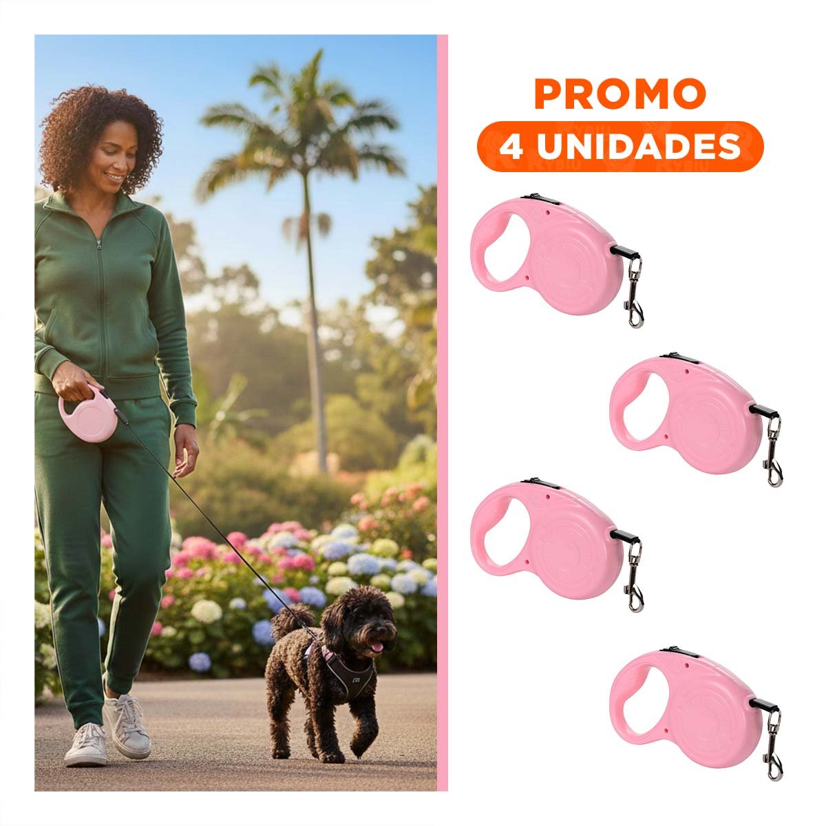 PACK4 LEASH EXTENSIBLE 3M PARA MASCOTAS CON HUELLITA ROSADO - 1