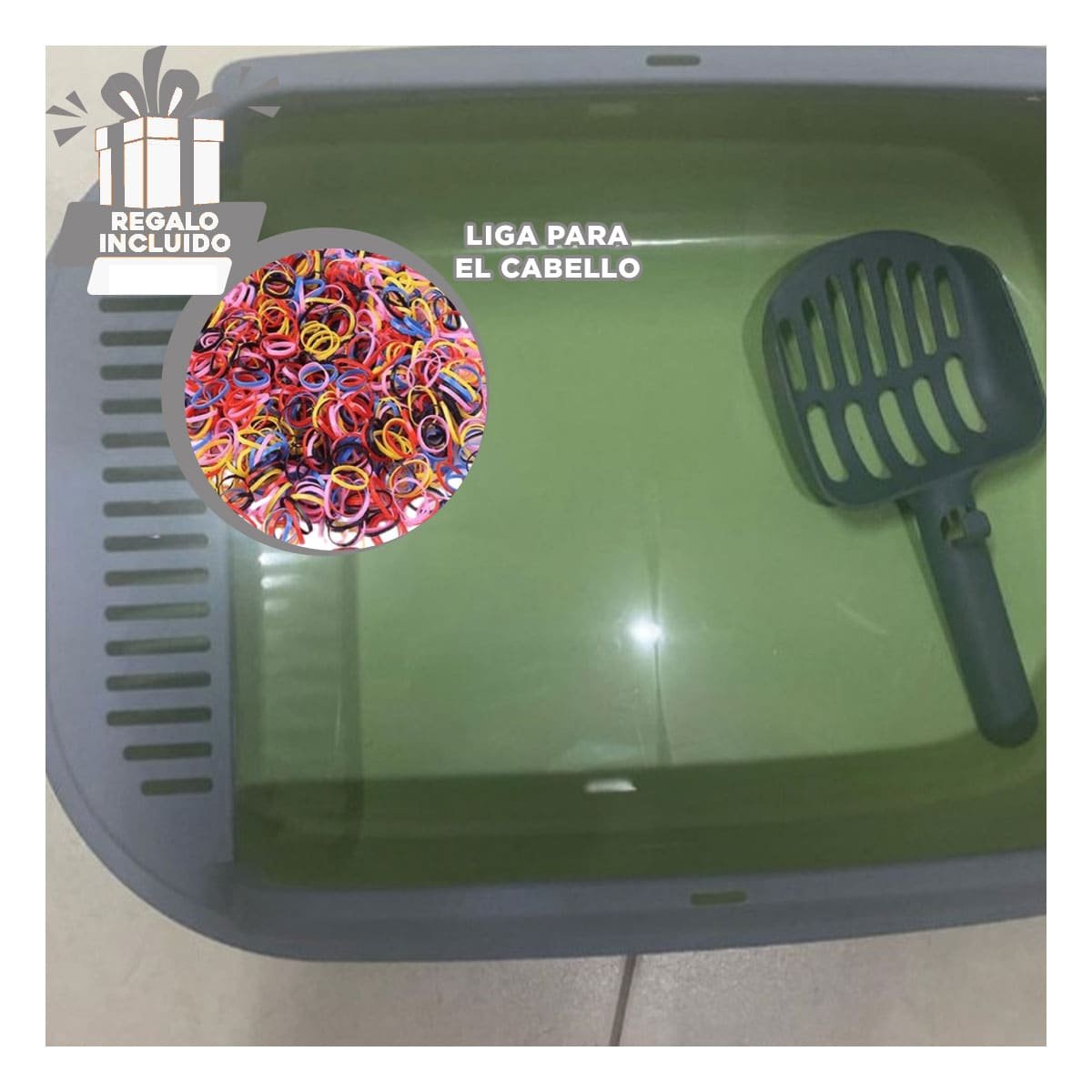 CAJA PRACTICA PARA GATO ABIERTA CON PALA 51X36,5CM VERDE Y PLOMO YLIGAS REGALO - 2
