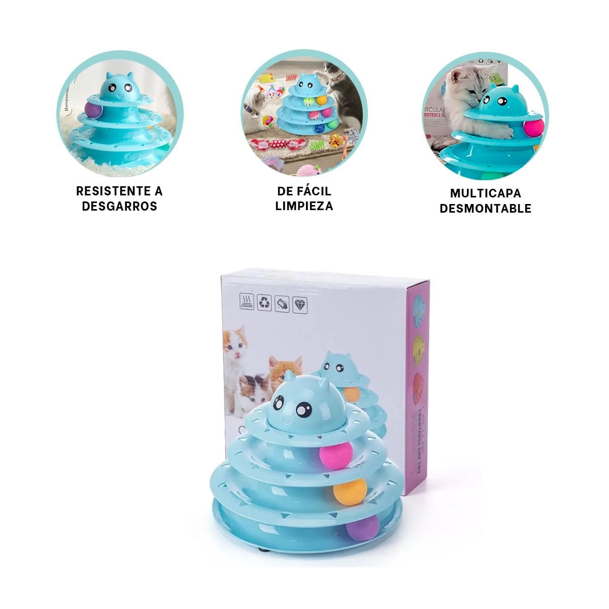 PLATAFORMA DE 3 NIVELES CON PELOTAS CELESTE PARA GATO ENTRETENIMIENTO YSTICKY - 5