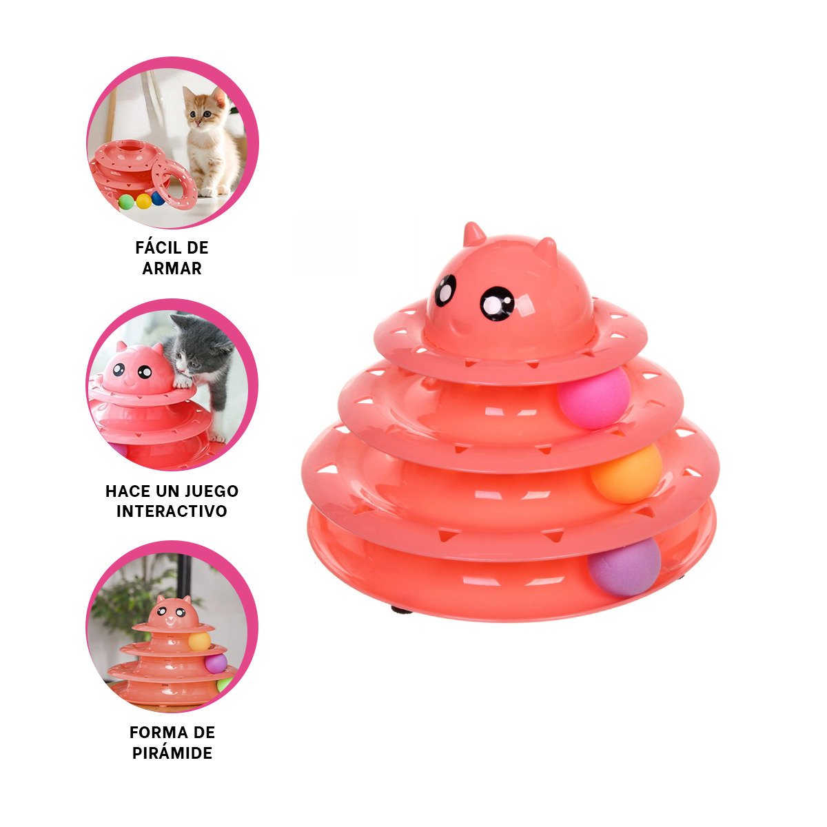 PLATAFORMA DE 3 NIVELES CON PELOTAS ROSADO PARA GATO ENTRETENIMIENTO YSTICKY - 5