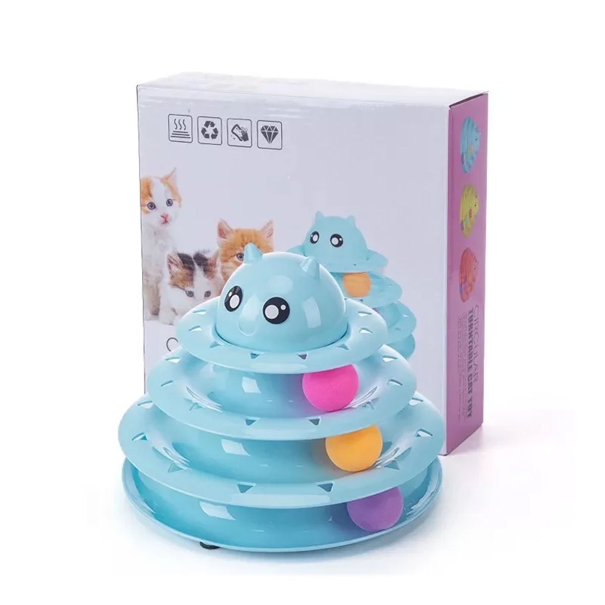 JUEGO DE 3 NIVELES CON PELOTAS CELESTE PARA GATO DIVERTIDO YREGALO STICKER - 1