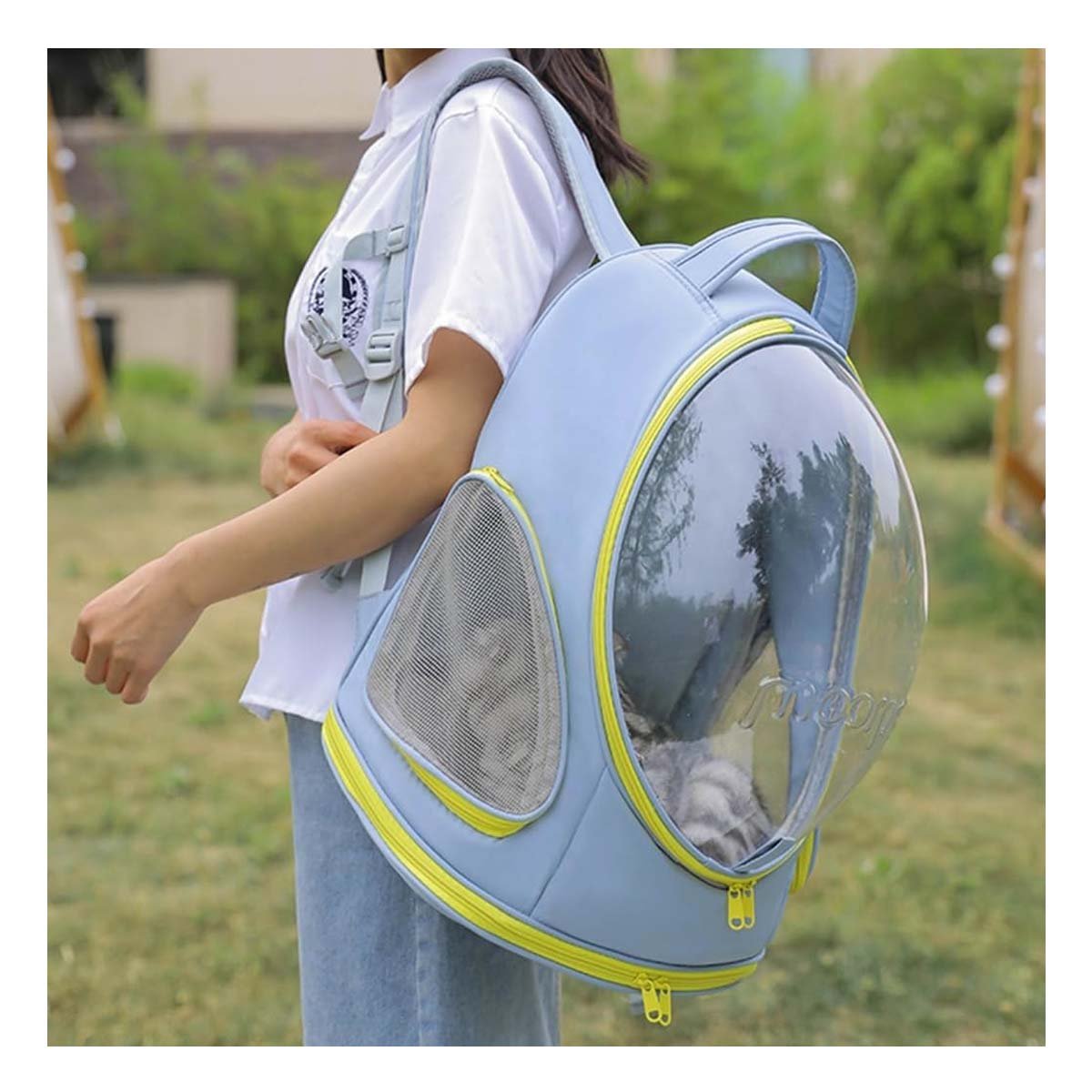 MOCHILA PANORAMICA DE NAVE ESPACIAL AZUL CON ESPACIO COMODO PARA MASCOTAS YREGALO STICKER - 2