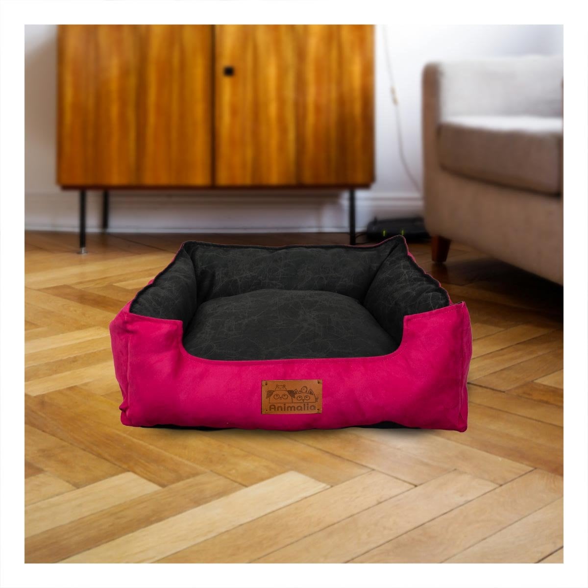 ALMOHADON PARA PERRO TALLA M FUCSIA LISO CON CENTRO NEGRO YREGALO STICKER - 2