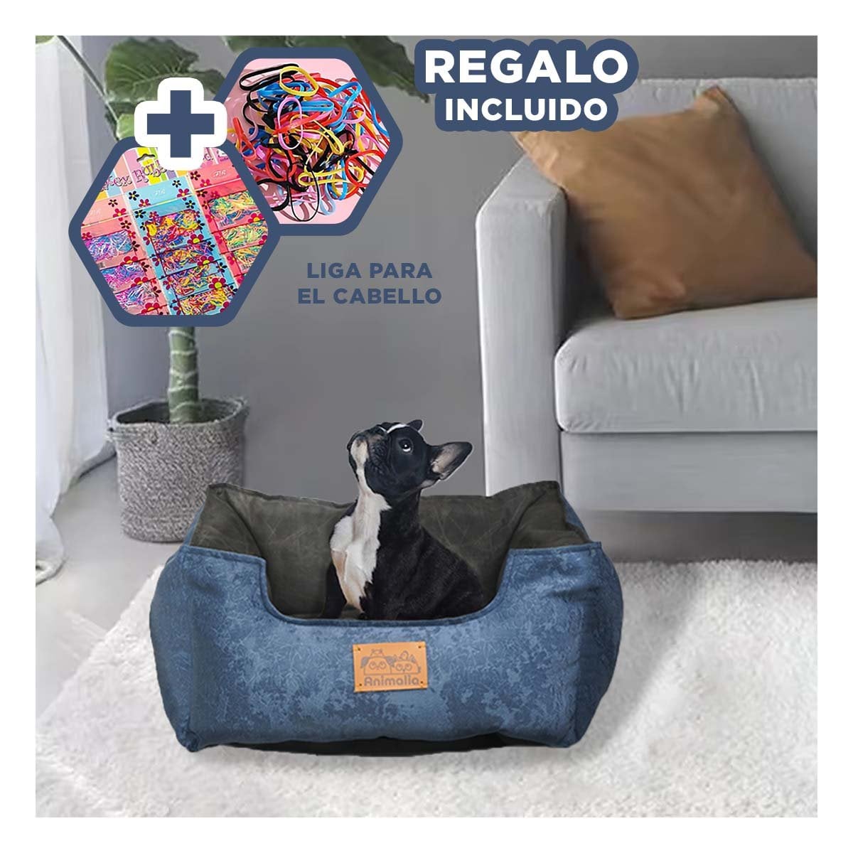 LECHO PARA PERRO TALLA M AZUL LABRADO CON CENTRO NEGRO YLIGAS REGALO - 2