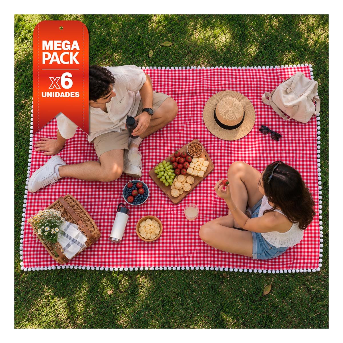 PACK6 LONA PICNIC PARA SALIDAS AL AIRE LIBRE CON BORDE DE MINI POMPONES YPAPEL REGALO - 1