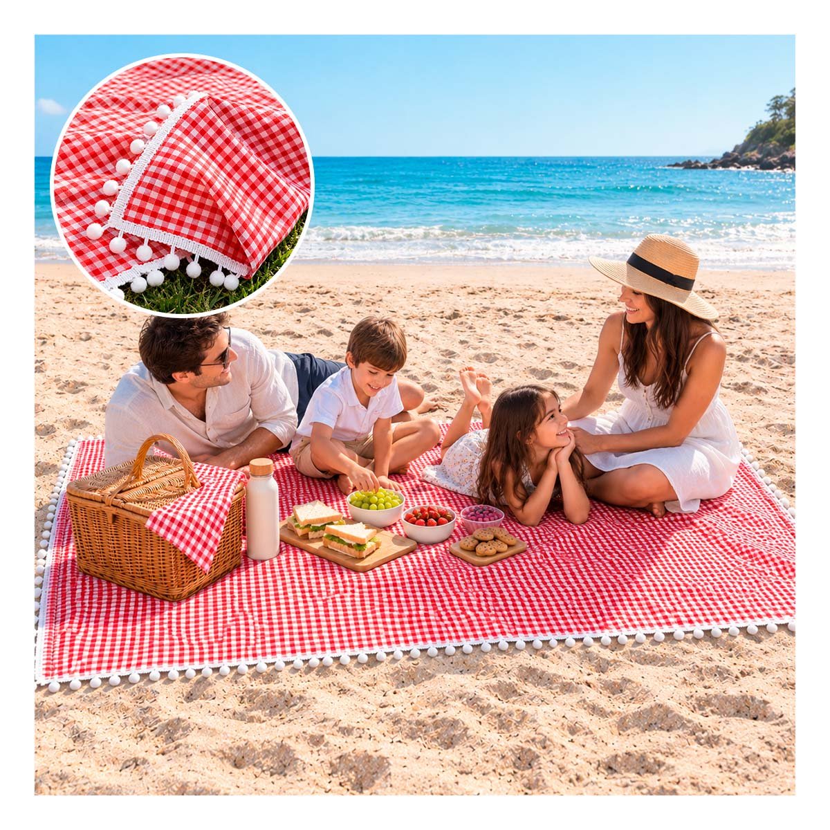 PACK4 CUBIERTA PICNIC CON BORDE DE MINI POMPONES PARA USO EN EL HOGAR ROJO YPAPEL REGALO - 3