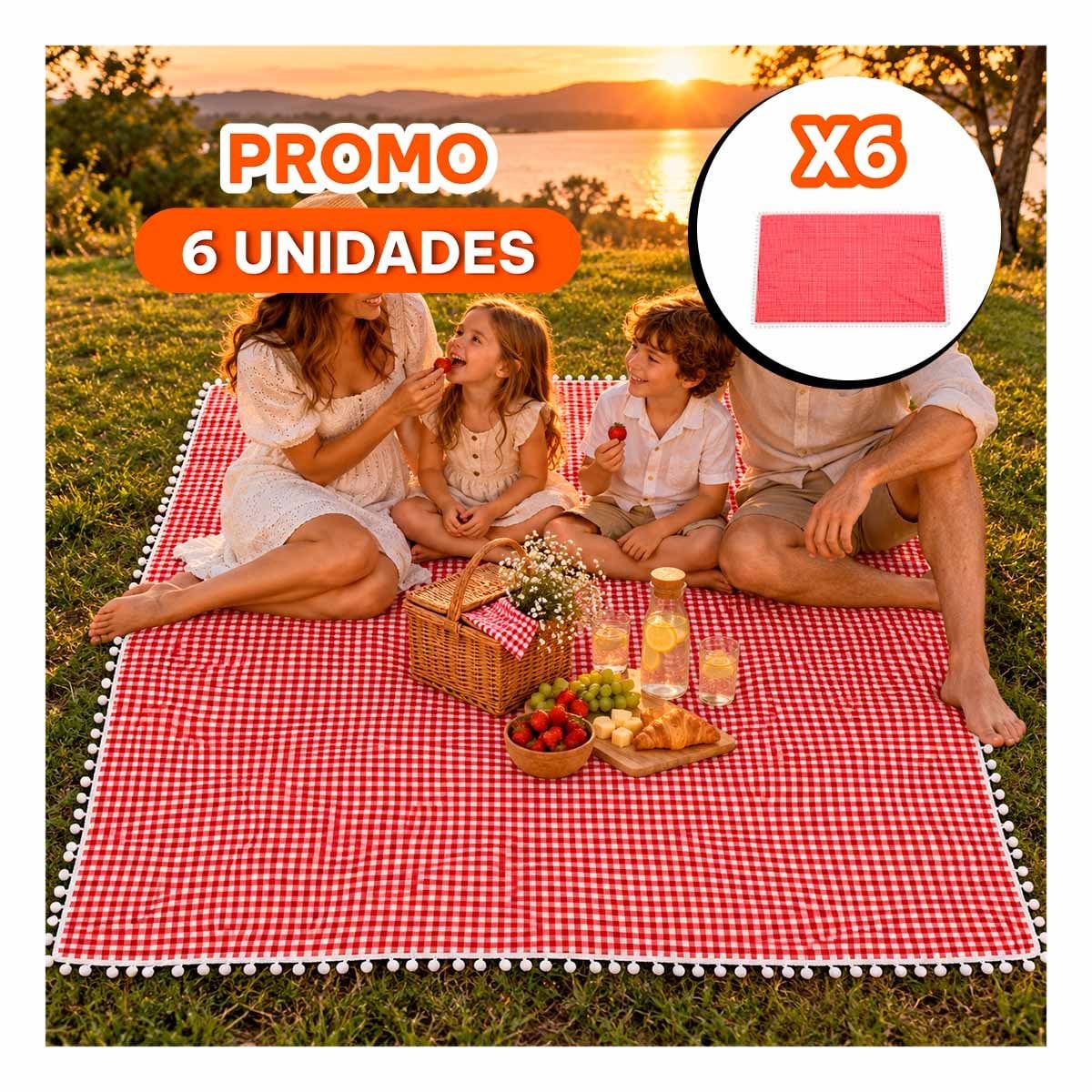 PACK6 ALFOMBRA PICNIC PARA PASEOS DE CAMPO BORDE DE MINI POMPONES ROJO Y BLANCO YREGALO STICKER - 1