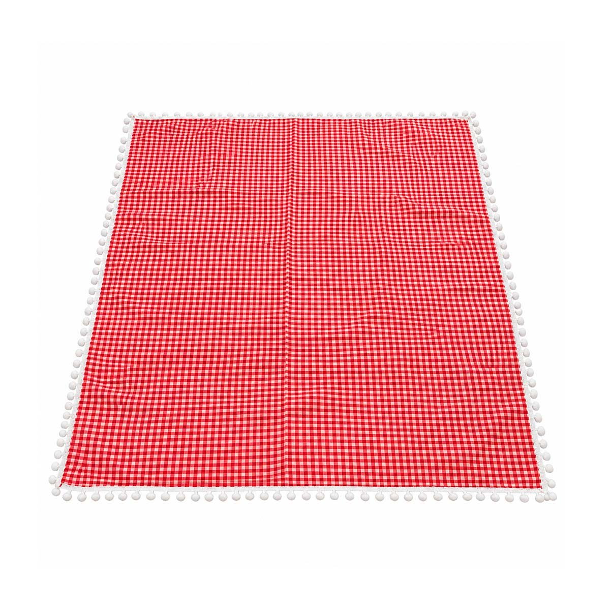 MANTA PICNIC PARA SALIDAS AL AIRE LIBRE CON BORDE DE MINI POMPONES ROJO Y BLANCO Y LIGAS REGALO - 1