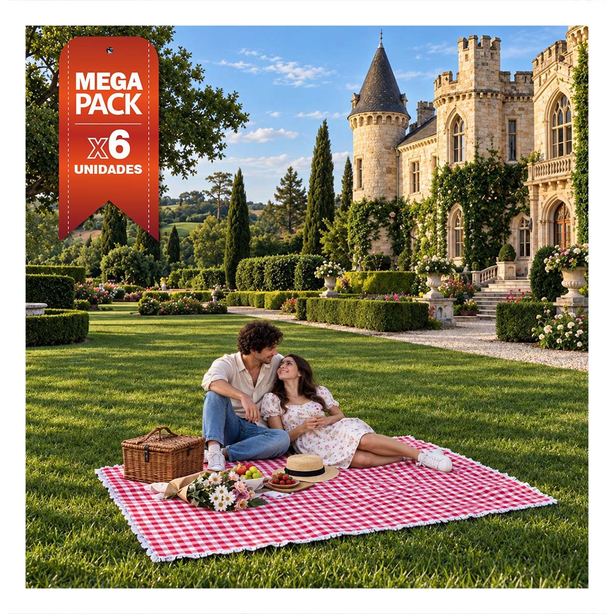 PACK6 LONA PICNIC PARA JARDIN Y PARQUE CON BORDE DE ENCAJE UNICO ROJO Y BLANCO YPAPEL REGALO - 1