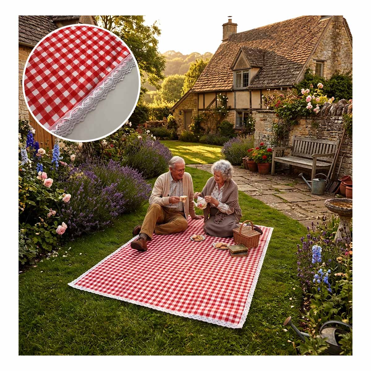 PACK6 LONA PICNIC PARA JARDIN Y PARQUE CON BORDE DE ENCAJE UNICO ROJO Y BLANCO YPAPEL REGALO - 3