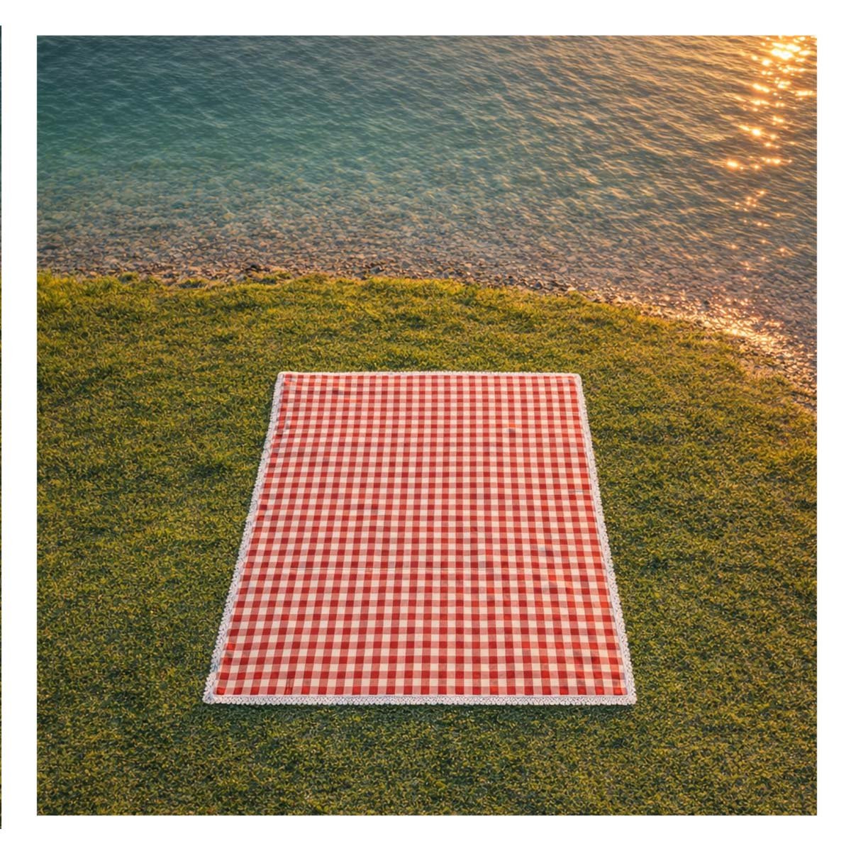 PACK2 COBIJA PICNIC PARA JARDIN Y PARQUE CON BORDE DE ENCAJE ROJO Y BLANCO YREGALO STICKER - 3