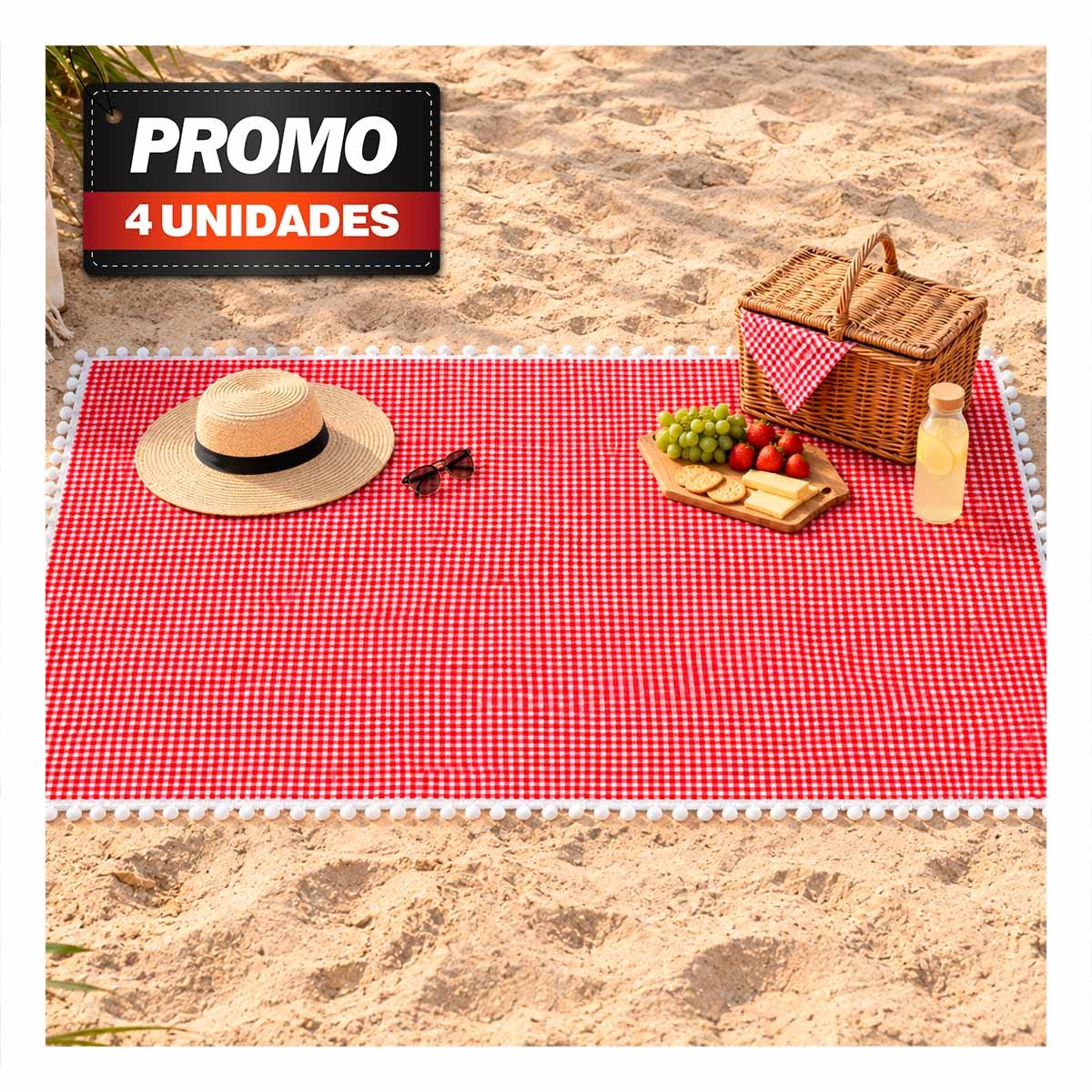 PACK4 ALFOMBRA PICNIC CON BORDE DE MINI POMPONES PARA SALIDAS DE CAMPO PRACTICA ROJO Y BLANCO - 1