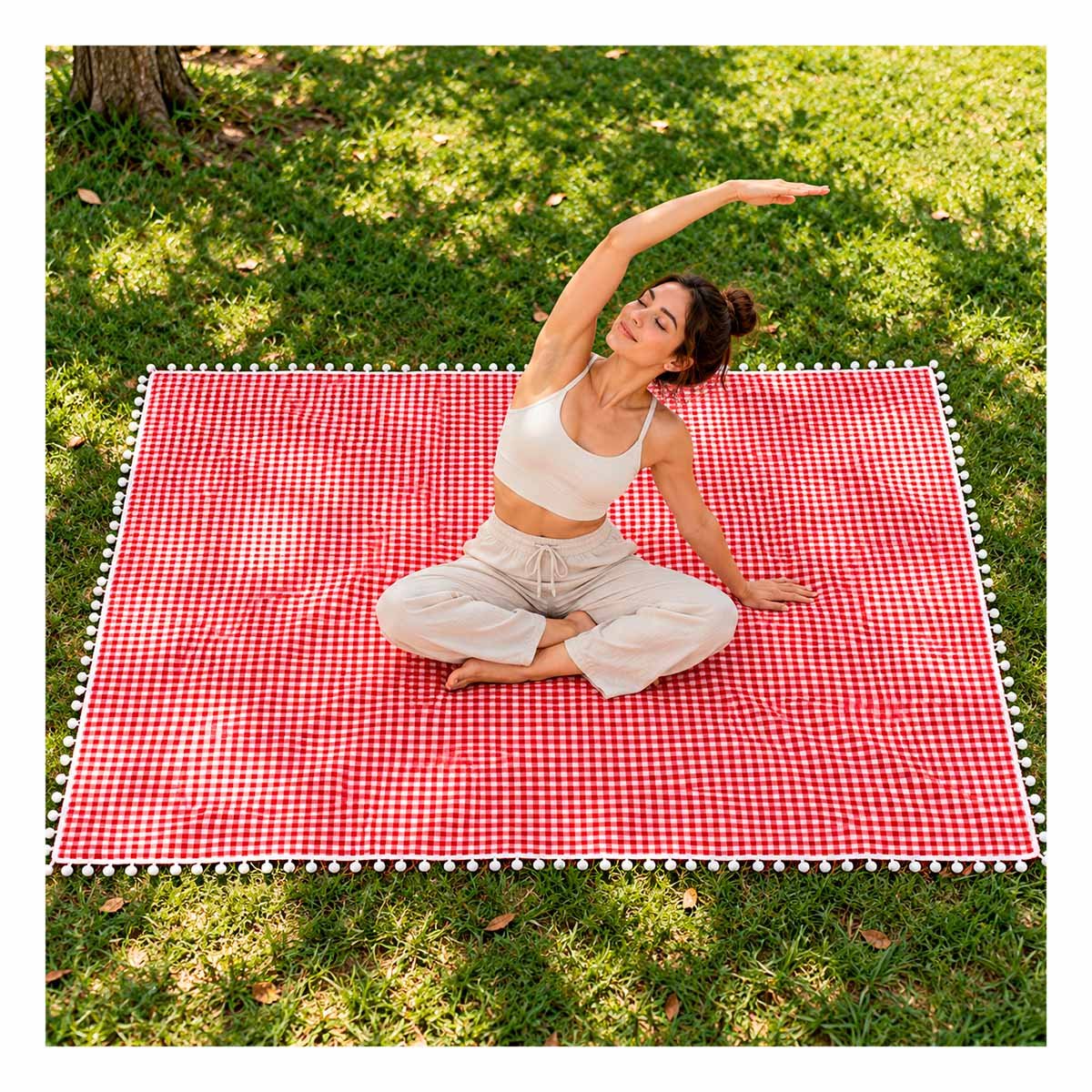 PACK4 ALFOMBRA PICNIC CON BORDE DE MINI POMPONES PARA SALIDAS DE CAMPO PRACTICA ROJO Y BLANCO - 3