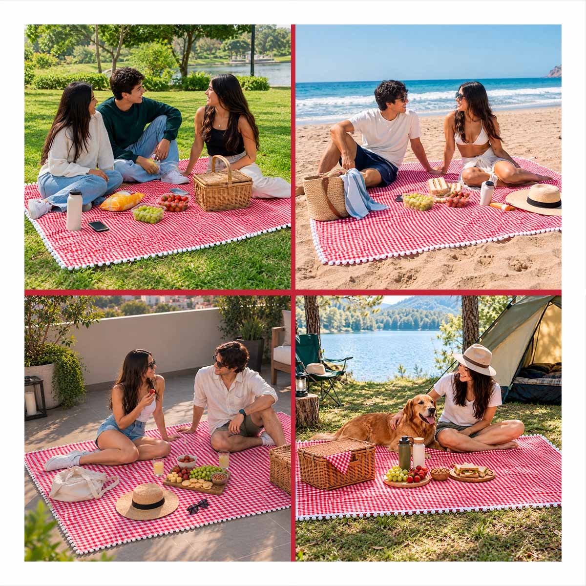 PACK4 ALFOMBRA PICNIC CON BORDE DE MINI POMPONES PARA SALIDAS DE CAMPO PRACTICA ROJO Y BLANCO - 4
