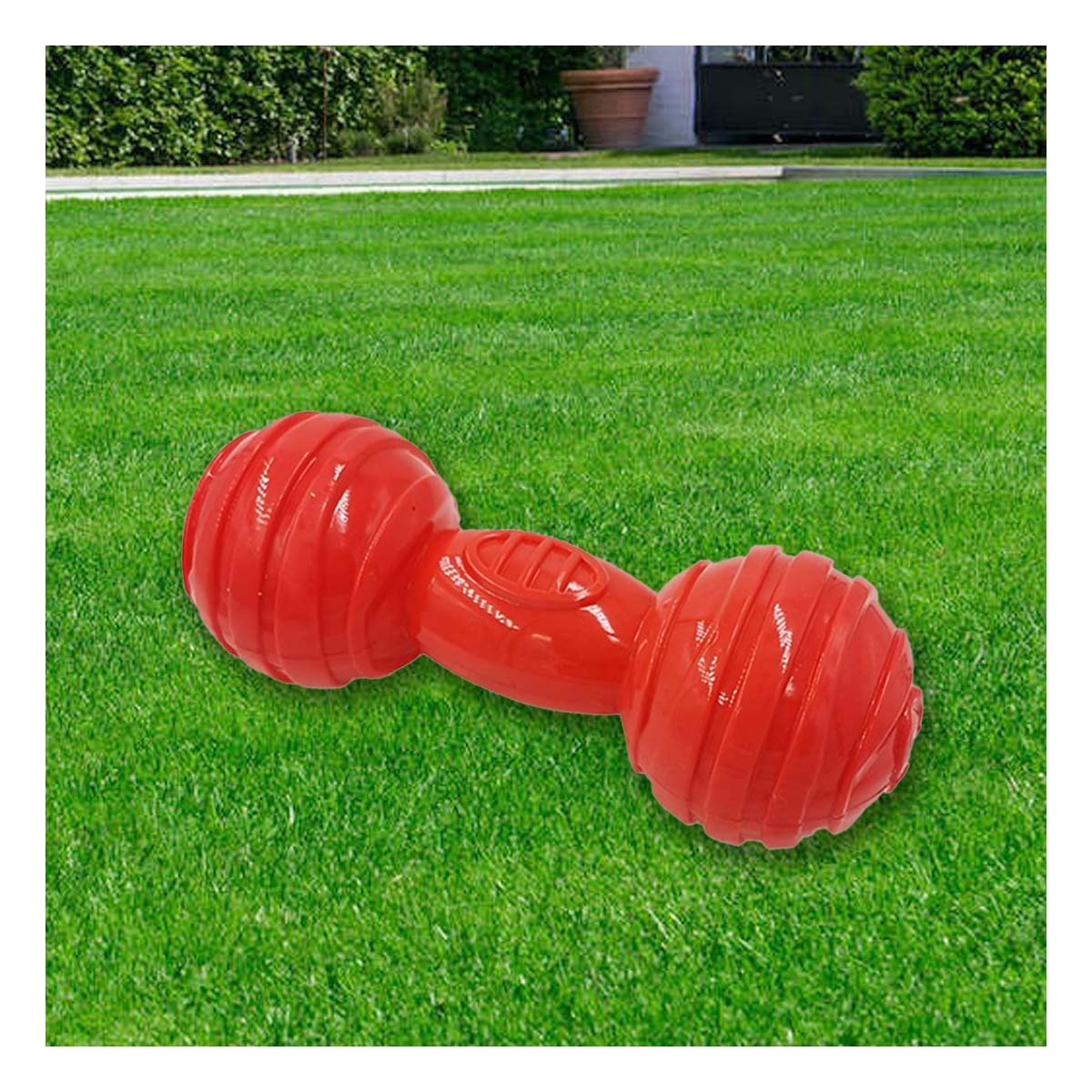 JUGUETE COMPACTO HUESO CON BOLAS A RAYAS EN ROJO PARA CONTROL DE ZONA CANINA YREGALO STICKER - 5