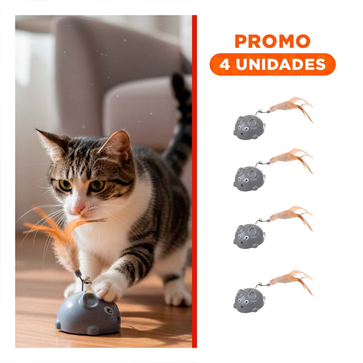 PACK4 JUGUETE RATON CON PLUMA INTERACTIVO DE COLOR PLOMO DE GRAN DISEÑO - 1