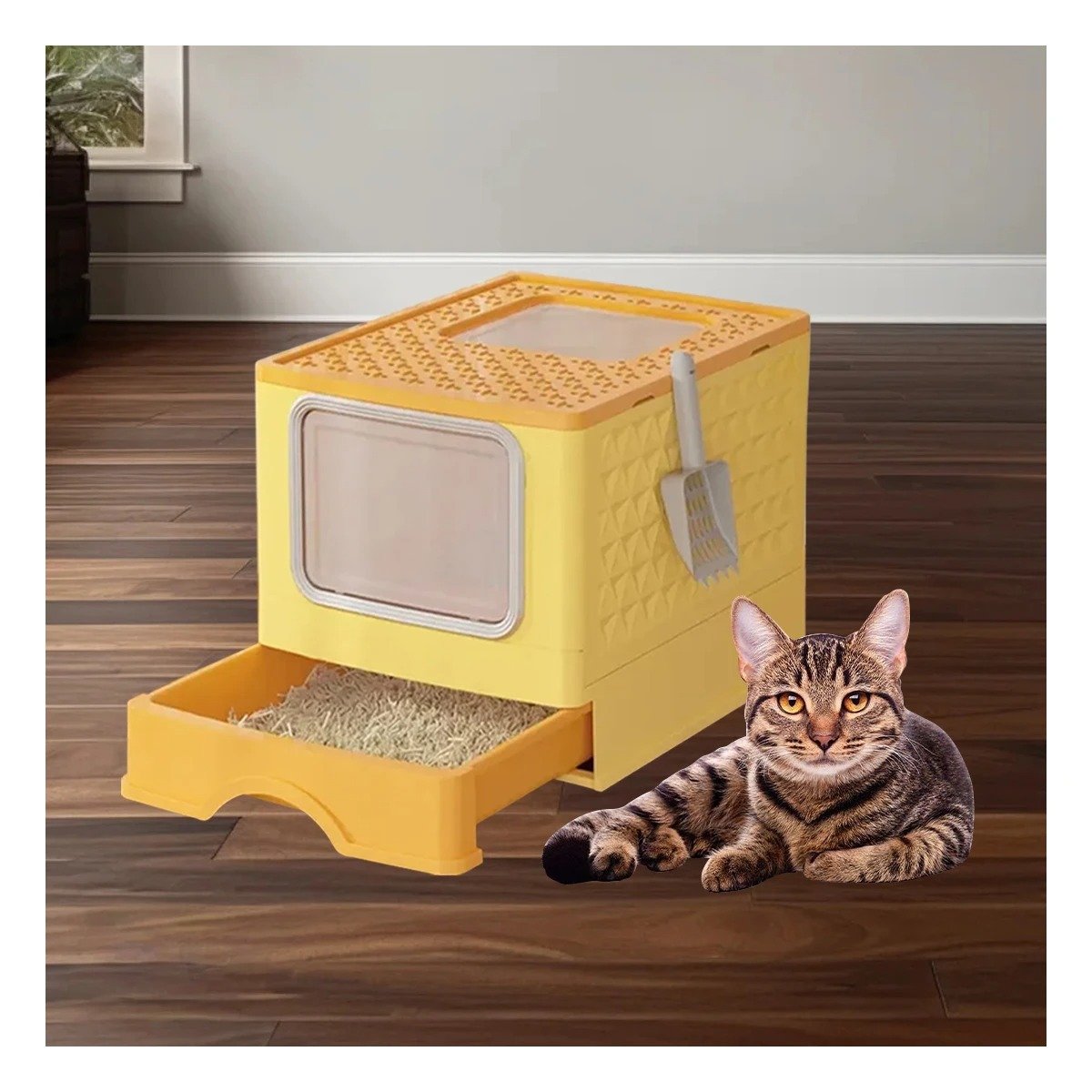 PACK4 CONTENEDOR EN AMARILLO PARA ARENA FELINA CON BANDEJA SUPERIOR Y ACCESORIOS YPAPEL REGALO - 2