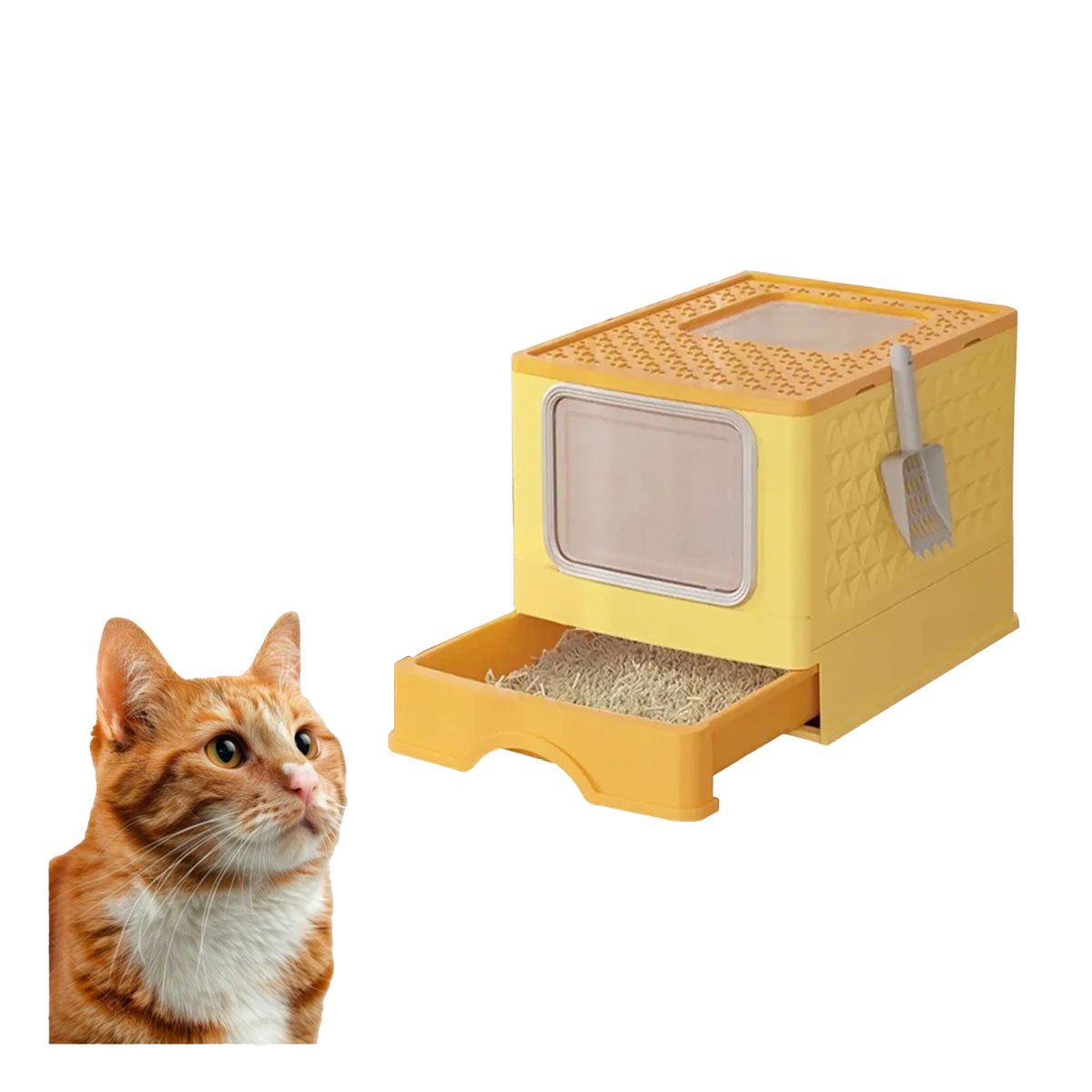 PACK4 CONTENEDOR EN AMARILLO PARA ARENA FELINA CON BANDEJA SUPERIOR Y ACCESORIOS YPAPEL REGALO - 3