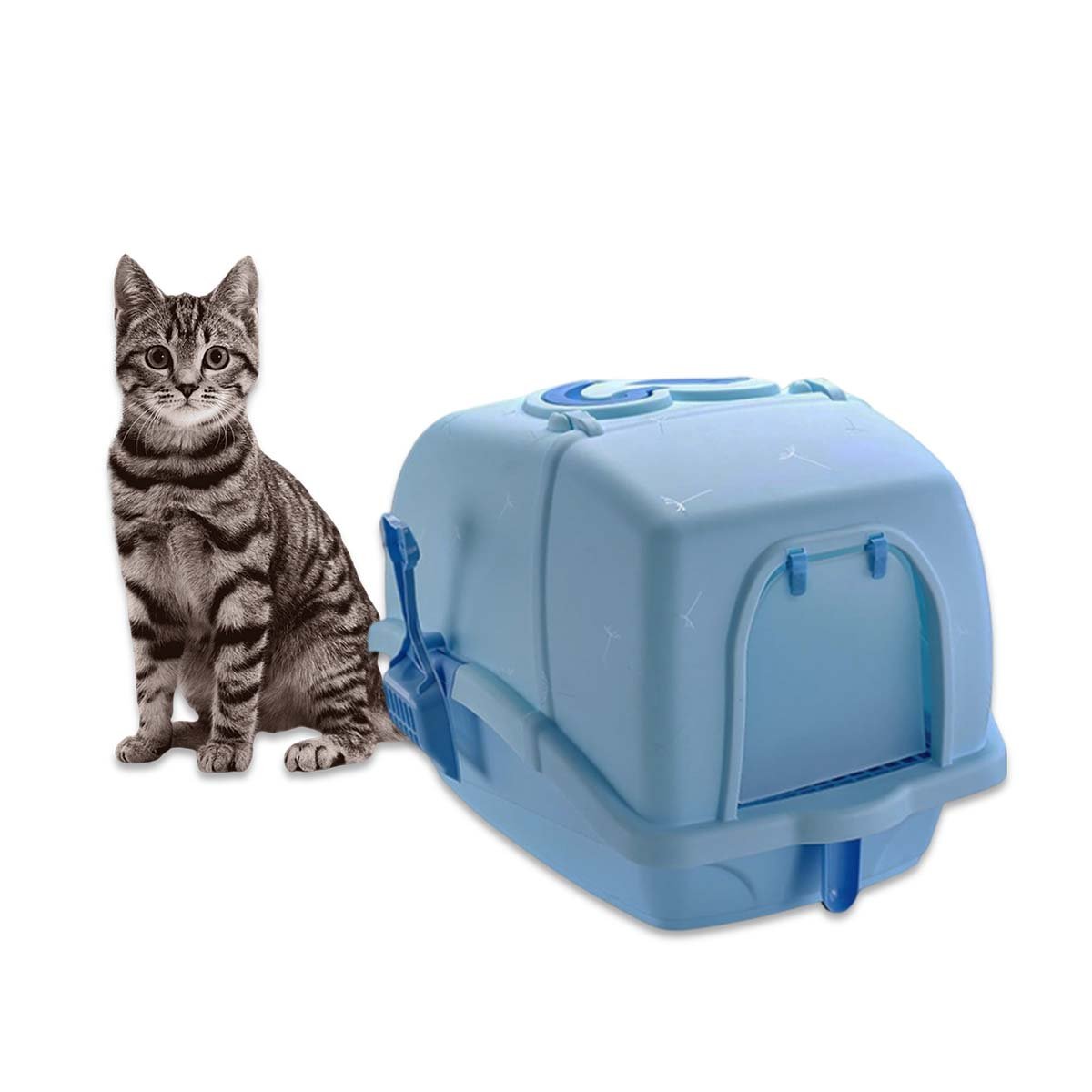 PACK4 SANITARIO PARA GATOS CERRADO CON CERNIDOR Y PALA CELESTE YPAPEL REGALO - 3