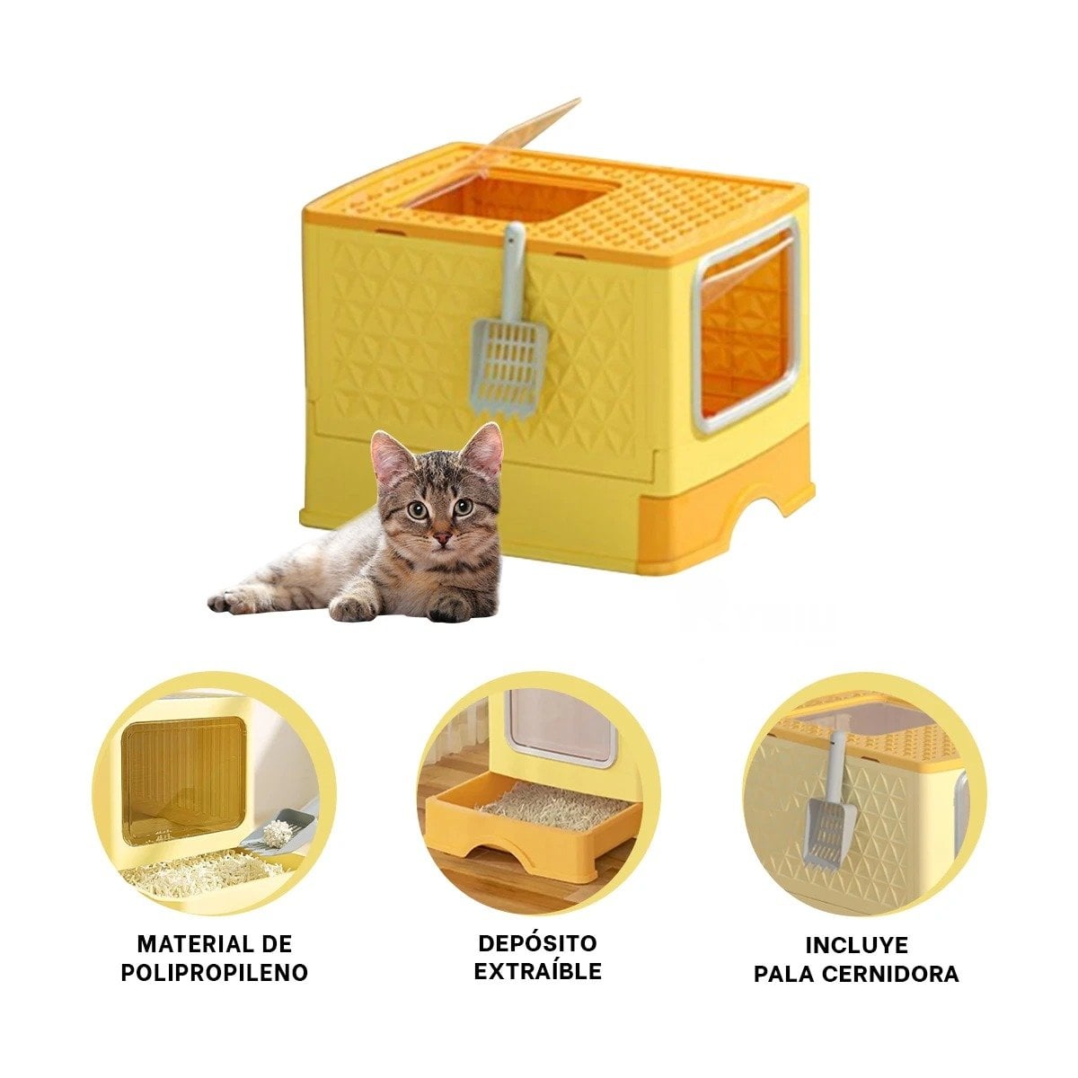 ARENERO PARA HIGIENE FELINA CON PALA INTEGRADA Y BANDEJA DESMONTABLE EN AMARILLO YPAPEL REGALO - 5