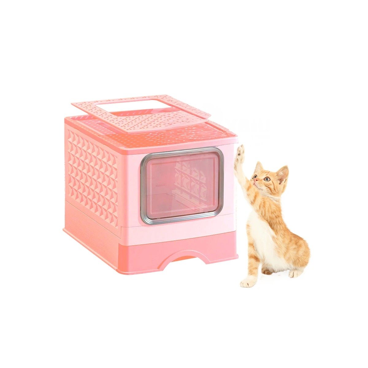 RECIPIENTE EN ROSADO PARA ARENA FELINA CON BANDEJA SUPERIOR Y ACCESORIOS YREGALO STICKER - 1