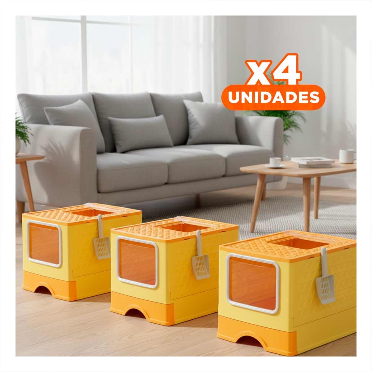 PACK4 RECIPIENTE CON SISTEMA PRÁCTICO DE BANDEJA Y PALA PARA MASCOTAS AMARILLO YREGALO STICKER - 1