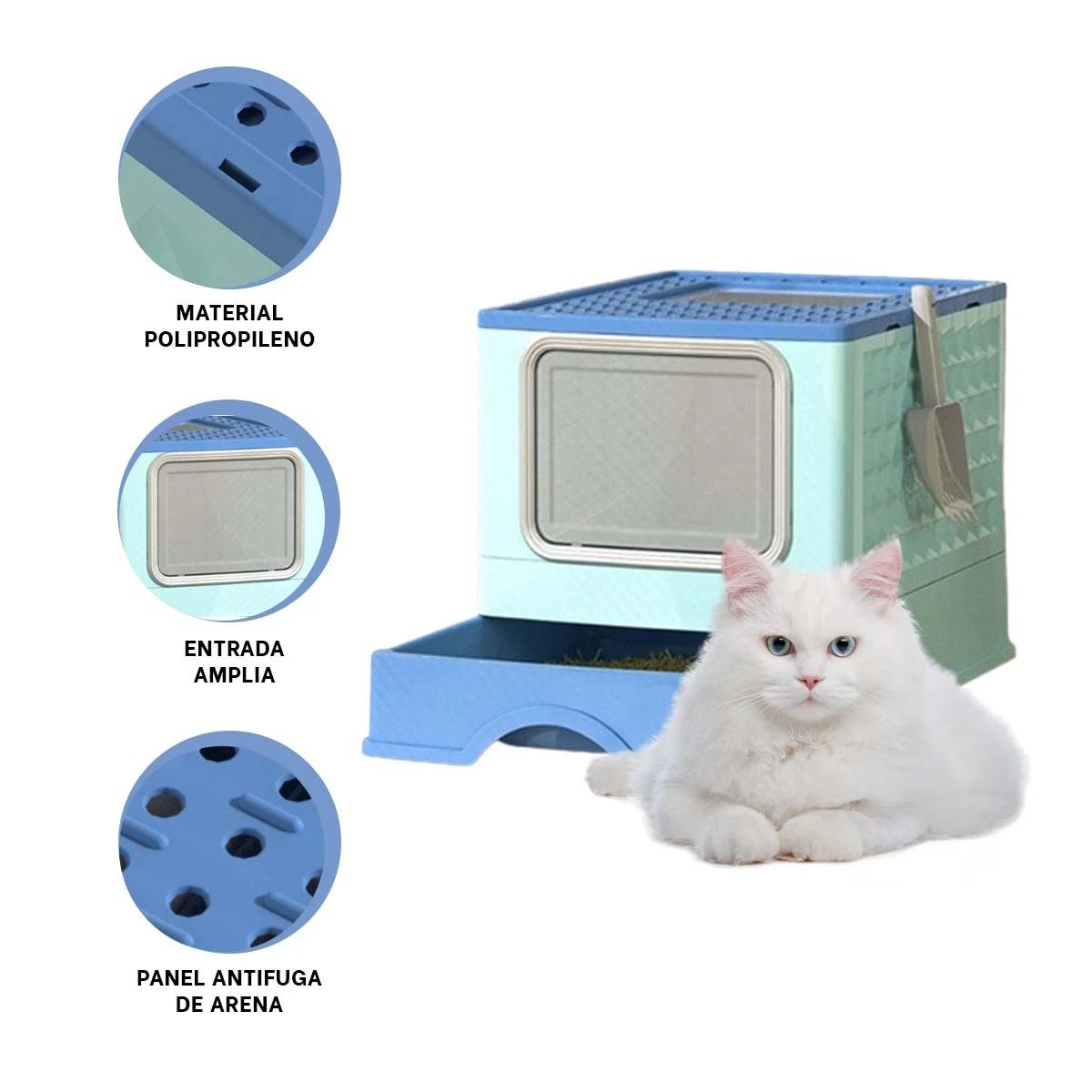 RECIPIENTE EN CELESTE PARA ARENA FELINA CON BANDEJA SUPERIOR Y ACCESORIOS YREGALO STICKER - 1