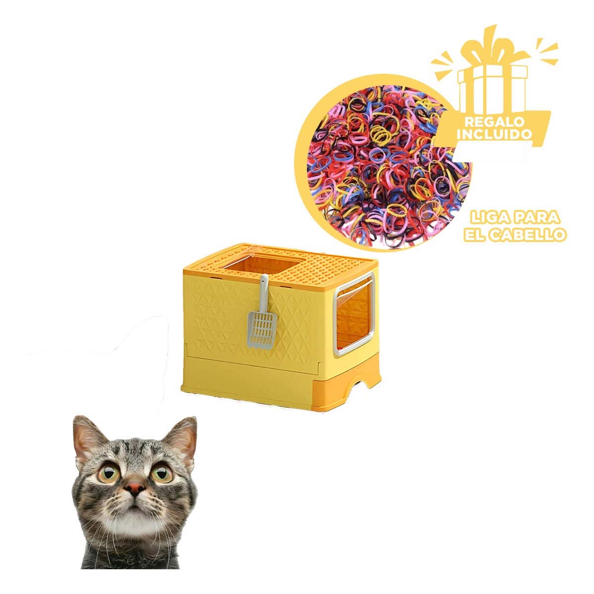 ARENERO CON SISTEMA EXTRAIBLE DE BANDEJA Y PALA PARA ARENA DE GATO EN AMARILLO YLIGAS REGALO - 2