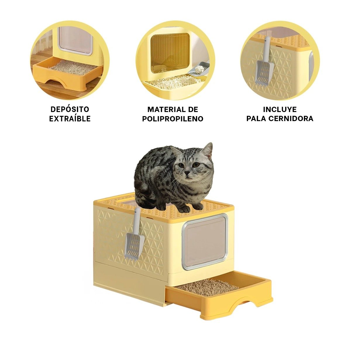 ARENERO PARA ARENA FELINA CON PALA COMBINADA Y CUBIERTA SEGURA EN AMARILLO YSTICKY - 5