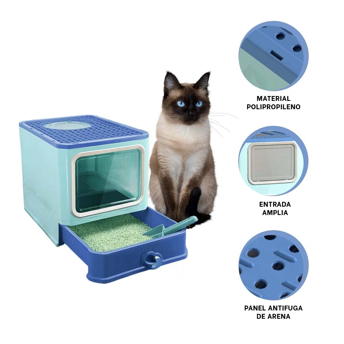 ARENERO PARA ARENA FELINA CON PALA COMBINADA Y CUBIERTA SEGURA EN CELESTE YSTICKY - 5