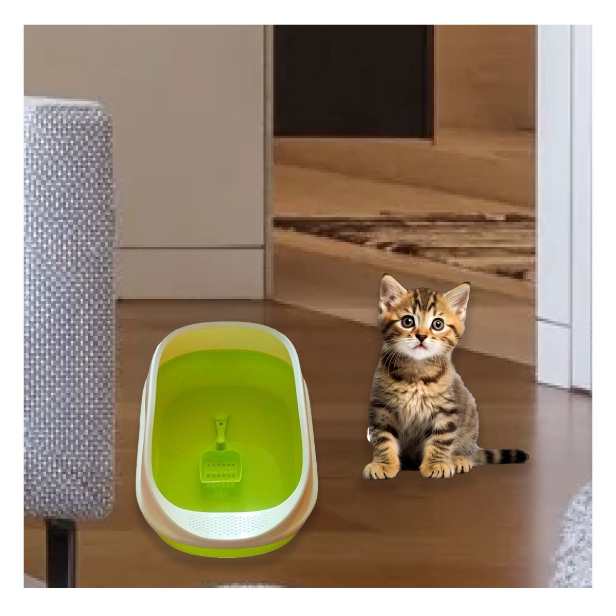 ARENERO VERDE CON PALA CERNIDORA Y LADOS MEDIOS ALTOS DE 53X37X22CM PARA MASCOTAS - 1