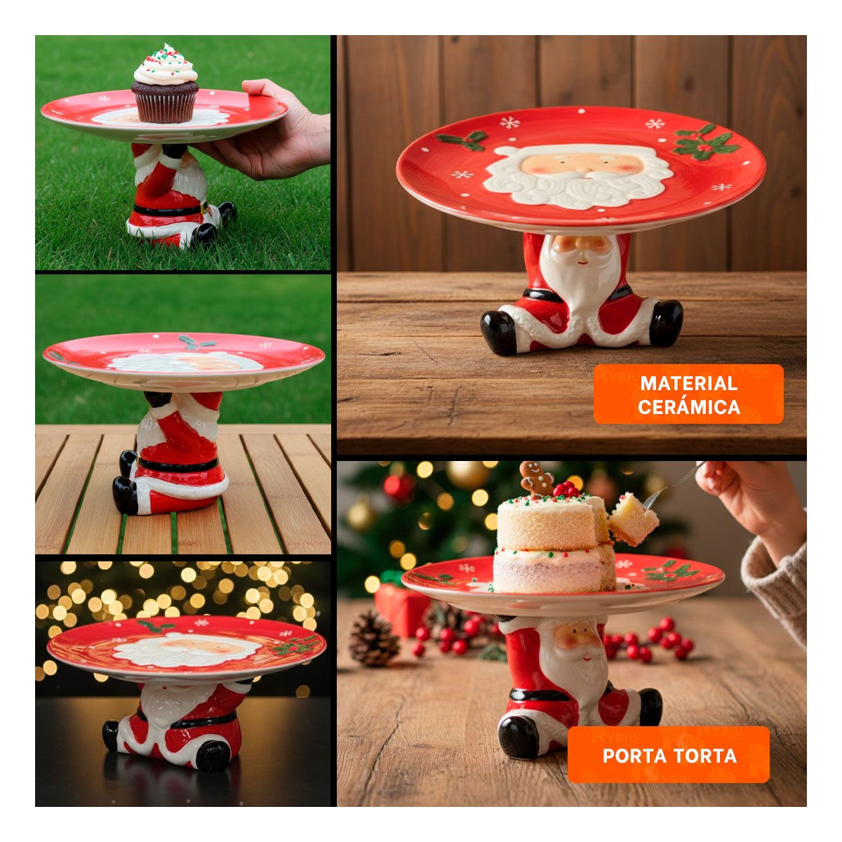 PACK2 BASE PARA TORTA ROJA CON SANTA SOSTENIENDO EL PLATO PARA FIESTA NAVIDEÑA YPAPEL REGALO - 3