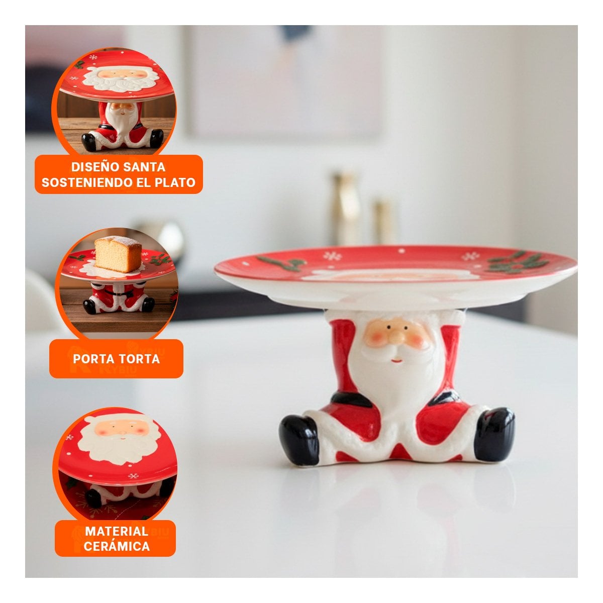 PORTA TORTA ROJO CON SANTA SOSTENIENDO EL PLATO PARA MESA NAVIDEÑA - 1