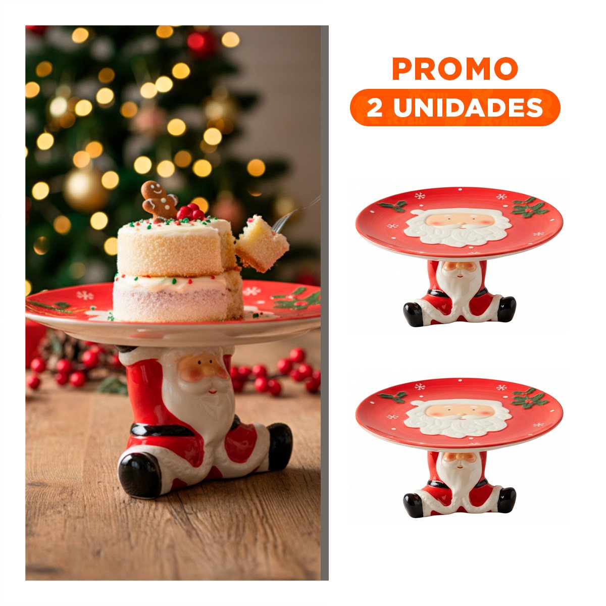 PACK2 SOPORTE PARA PASTEL ROJO CON SANTA SOSTENIENDO EL PLATO FIESTA NAVIDEÑA YREGALO STICKER - 1