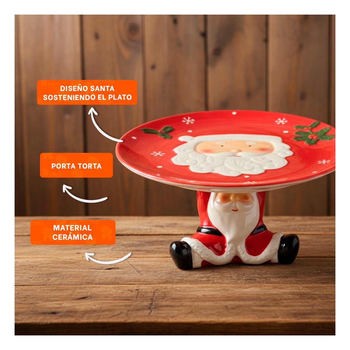 PLATO PARA TORTA ROJO CON SANTA SOSTENIENDO EL PLATO PARA NAVIDAD YSTICKY - 5