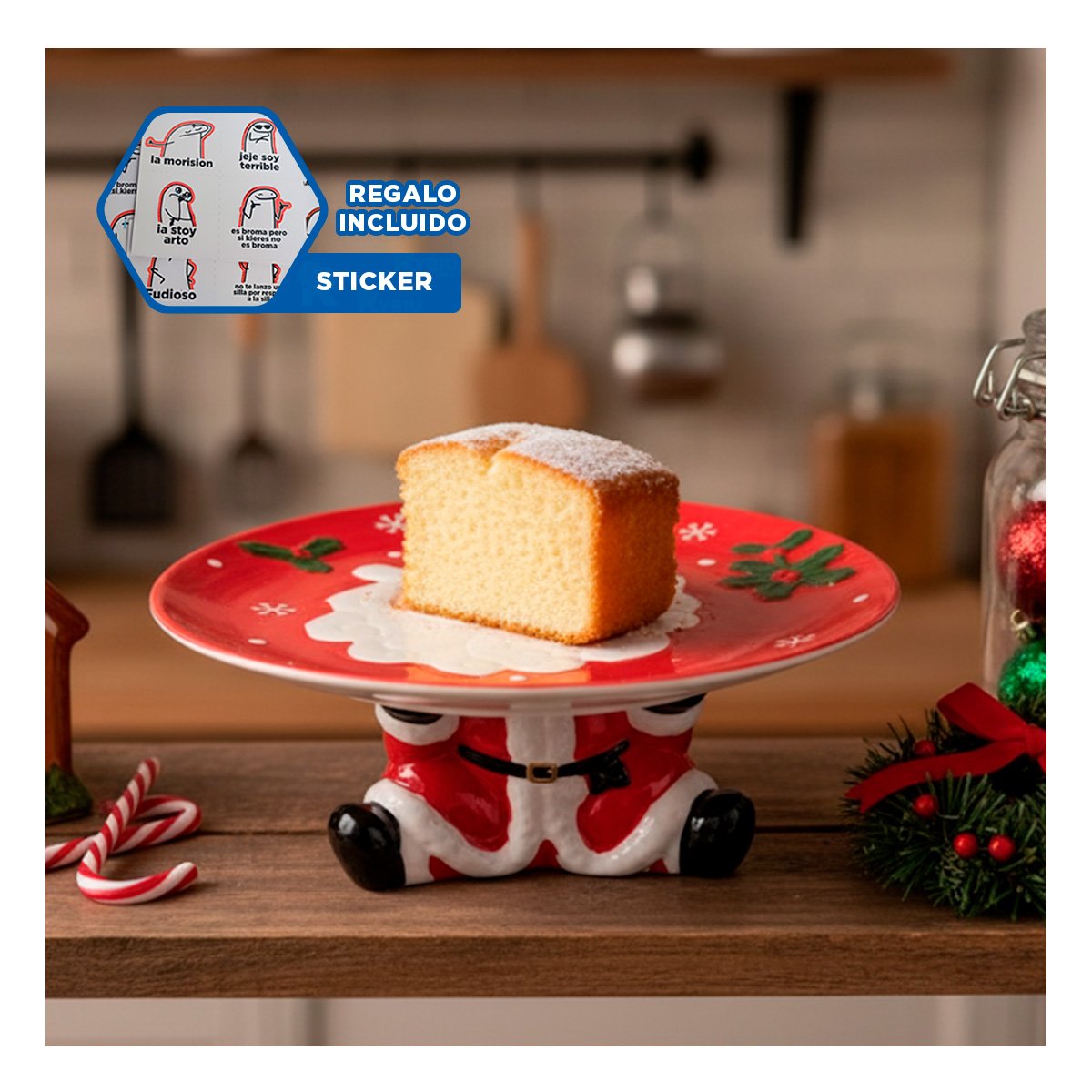SOPORTE PARA PASTEL ROJO CON SANTA SOSTENIENDO EL PLATO PARA NAVIDAD YREGALO STICKER - 3