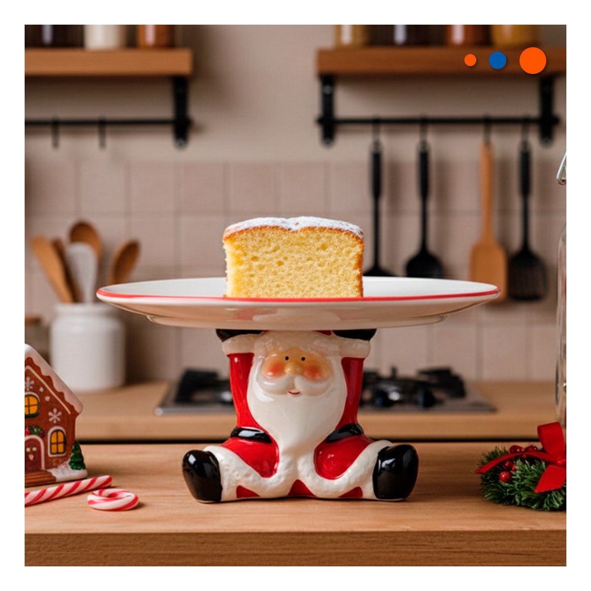 PACK2 PORTA TORTA ROJO CON SANTA SOSTENIENDO EL PLATO PARA FIESTA NAVIDEÑA - 3
