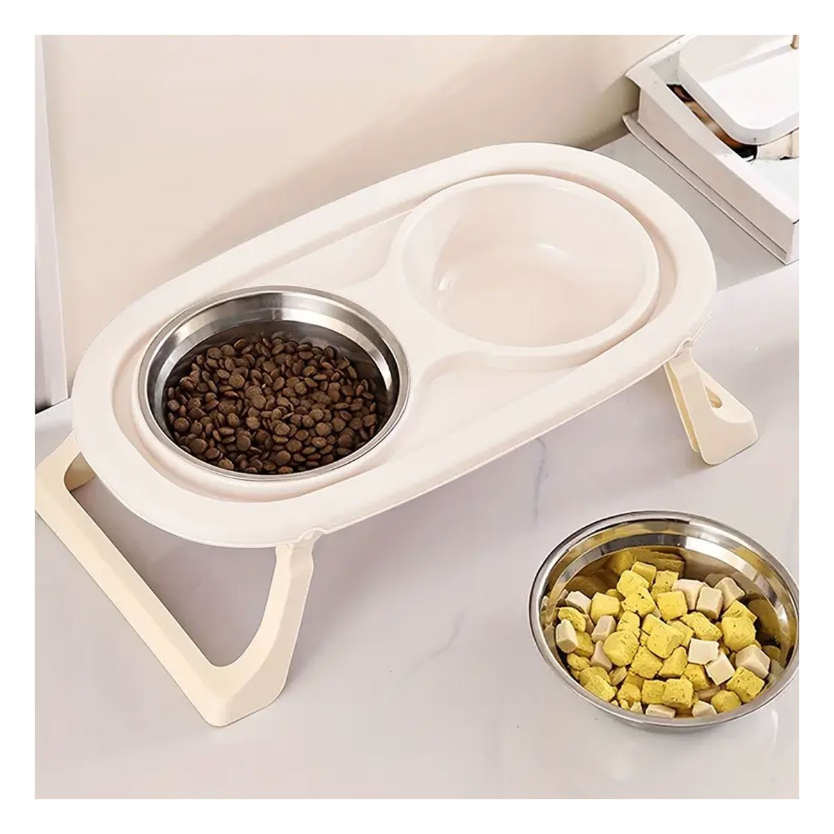 PACK2 COMEDERO DOBLE EN COLOR CREMA PLEGABLE Y ELEVADO CON DESMONTABLE INTEGRADO YPAPEL REGALO - 2