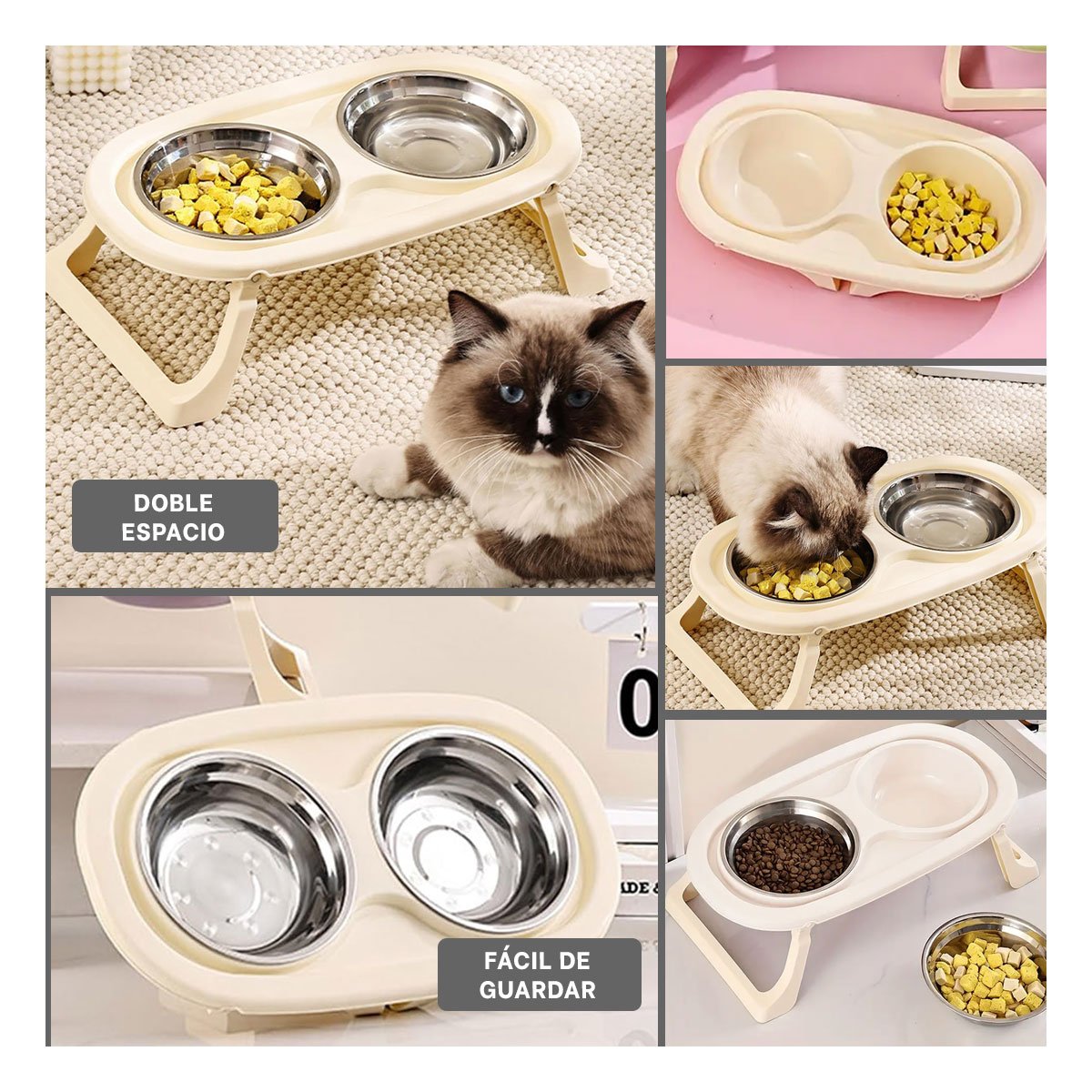 PACK2 COMEDERO DOBLE EN COLOR CREMA PLEGABLE Y ELEVADO CON DESMONTABLE INTEGRADO YPAPEL REGALO - 3