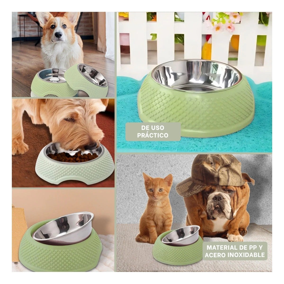 PACK4 COMEDERO DE ACERO VERDE PASTEL DESMONTABLE CON CORAZONES EN RELIEVE YREGALO STICKER - 2