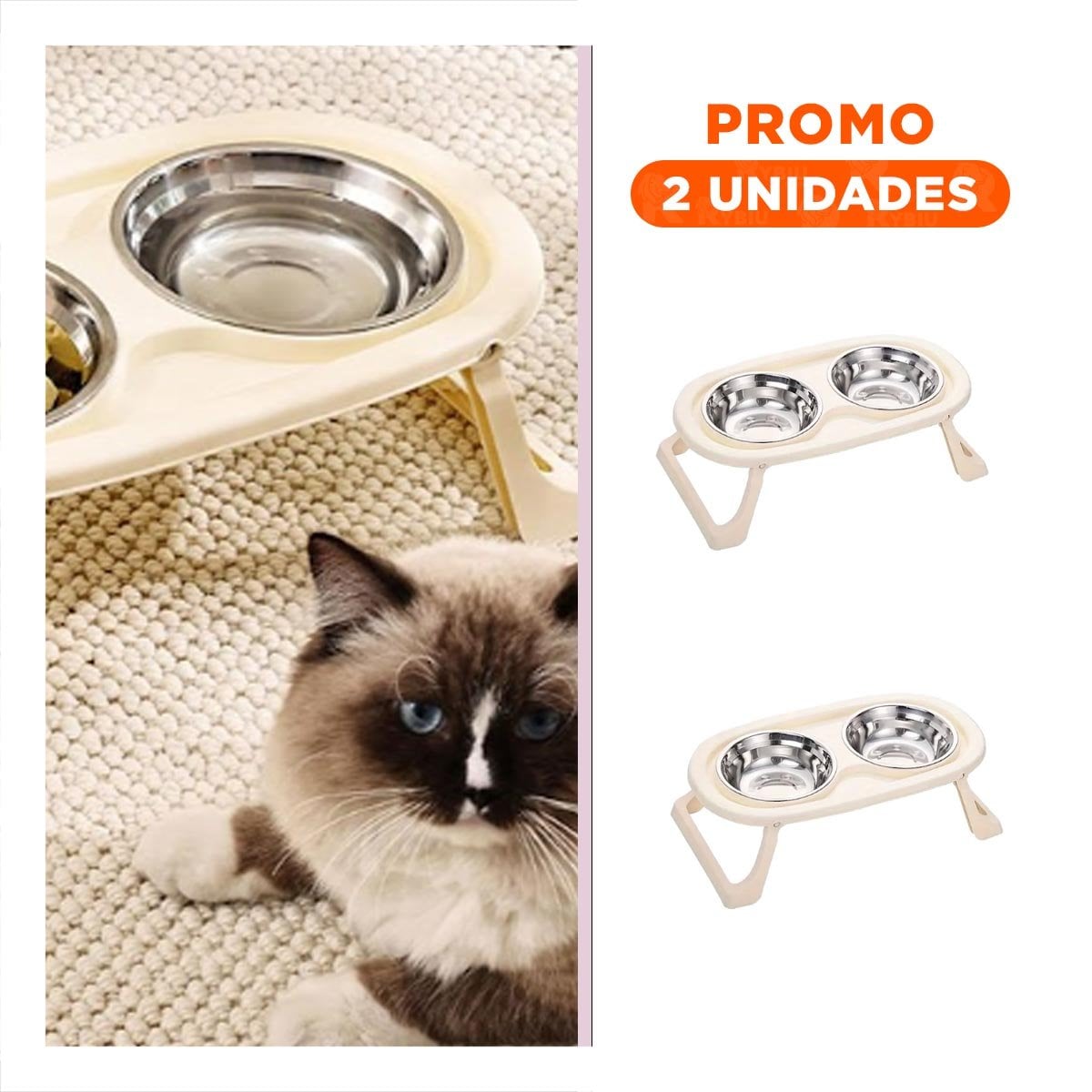 PACK2 COMEDERO ELEVADO DOBLE EN COLOR CREMA PLEGABLE Y DESMONTABLE FACIL YREGALO STICKER - 1