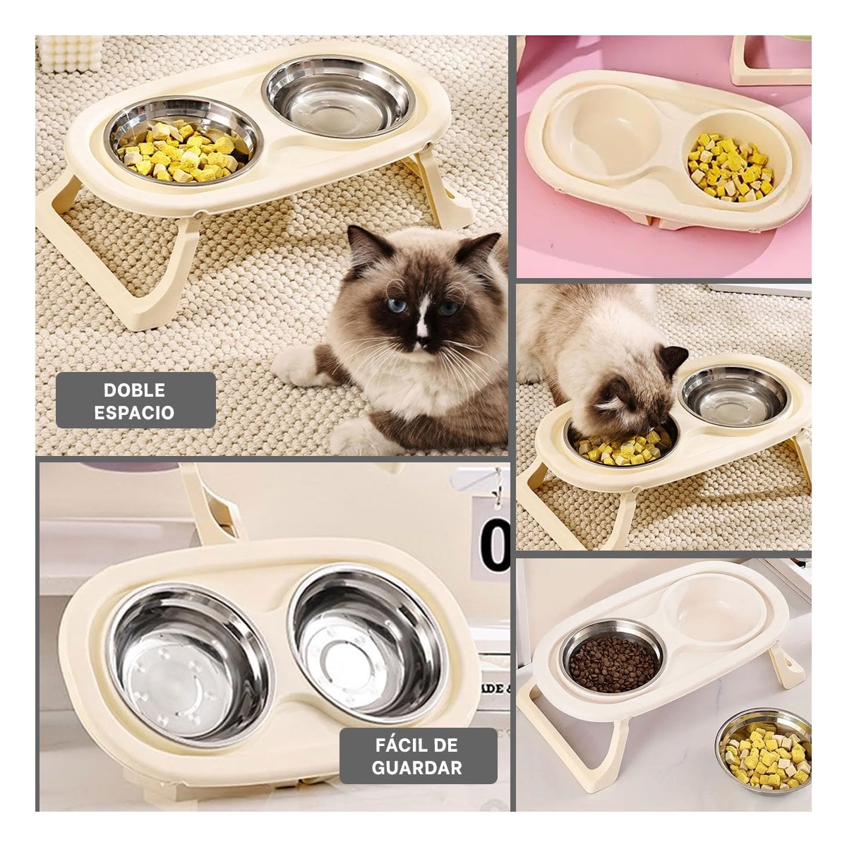 RECIPIENTE DOBLE EN COLOR CREMA PLEGABLE Y ELEVADO CON DESMONTABLE COMODO - 2