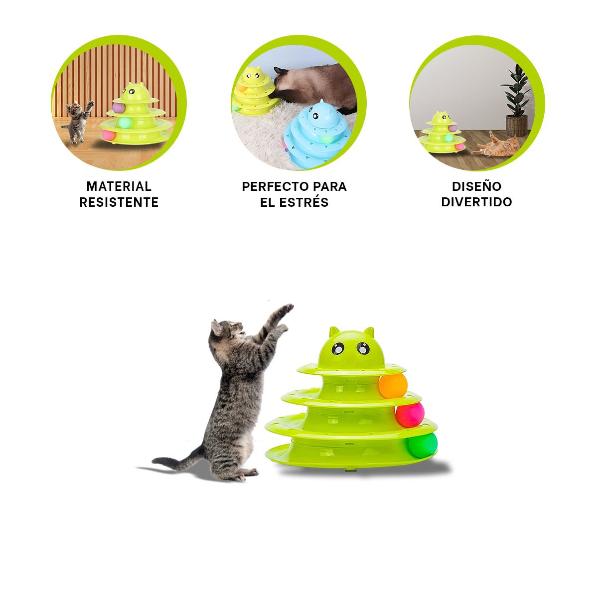 ESTRUCTURA DE 3 NIVELES CON PELOTAS VERDE LIMON PARA GATO ACTIVA YPAPEL REGALO - 5